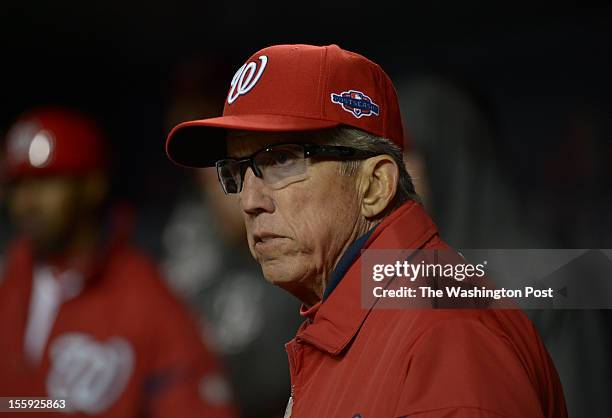 Washington Nationals manager Davey Johnson looks on as they fall 9-7 to the St. Louis Cardinals during game five of the NLDS on Oct. 12, 2012 in...