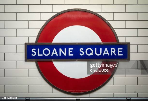 The iconic London Underground station name design for Sloane Square tube station in southwest London. The London Underground roundel, was designed by...