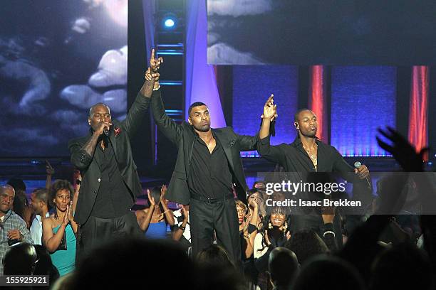 Recording artists Tyrese , Ginuwine and Tank of TGT perform during the Soul Train Awards 2012 at PH Live at Planet Hollywood Resort & Casino on...