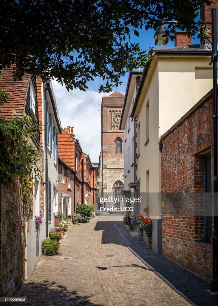 A view down the ancient Lombard St in Petworth, West Sussex, towards the parish church of St Mary the Virgin.