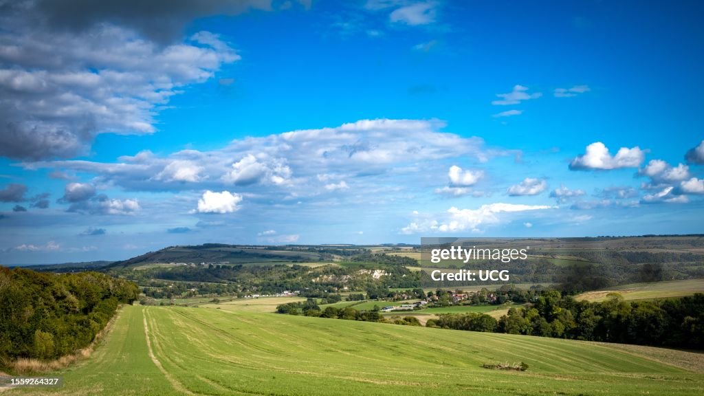 A view across the South Downs National Park towards Amberley, West Sussex, UK.