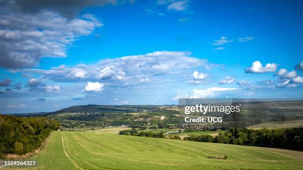 View across the South Downs National Park towards Amberley, West Sussex, UK.