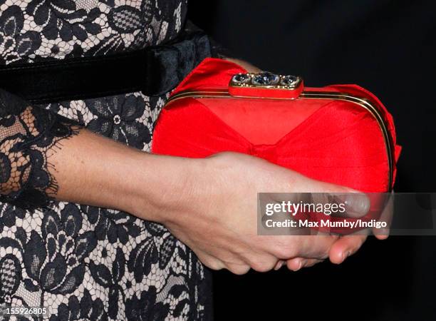 Catherine, Duchess of Cambridge carries her Alexander McQueen clutch bag as she attends a gala dinner in aid of the University of St. Andrews 600th...