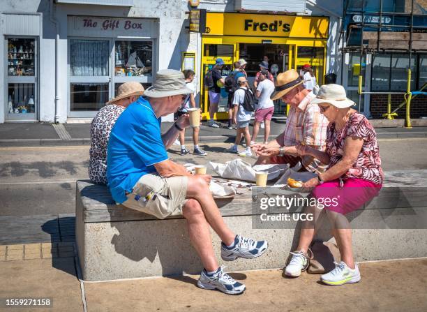 Two retired and elderly couples sit to eat take away fish and chips on the quayside at Littlehampton in West Sussex, UK.