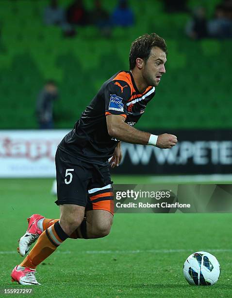 Ivan Franjic of the Roar runs with the ball during the round six A-League match between the Melbourne Heart and the Brisbane Roar at AAMI Park on...