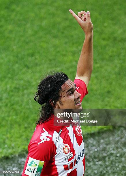 Goal scorer David Williams of the Heart during the round six A-League match between the Melbourne Heart and the Brisbane Roar at AAMI Park on...