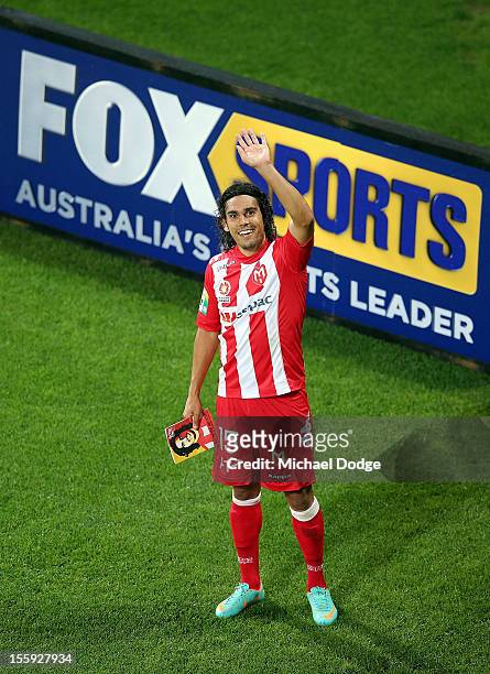 David Williams of the Heart smiles after the round six A-League match between the Melbourne Heart and the Brisbane Roar at AAMI Park on November 9,...