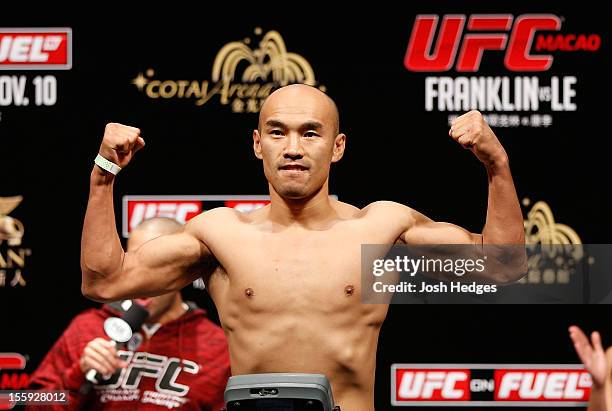 Tiequan Zhang makes weight during the UFC Macau weigh in at Cotai Arena on November 9, 2012 in Macau, Macau.