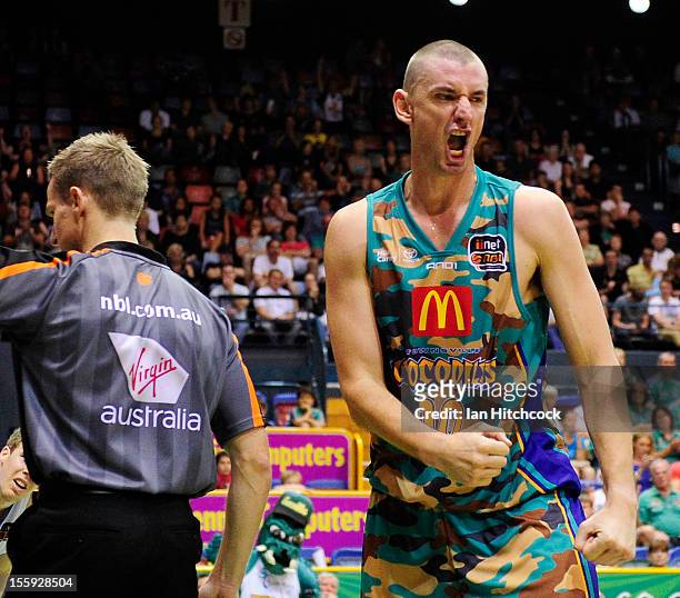 Russell Hinder of the Crocodiles reacts during the round six NBL match between the Townsville Crocodiles and the New Zealand Breakers at Townsville...