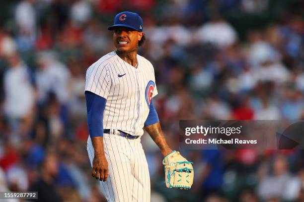 Marcus Stroman of the Chicago Cubs reacts after retiring the side in the first inning against the St. Louis Cardinals at Wrigley Field on July 20,...