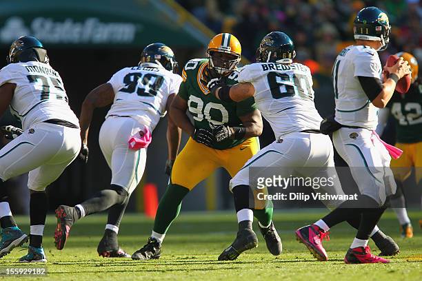 Raji of the Green Bay Packers blocks against the Jacksonville Jaguars at Lambeau Field on October 28, 2012 in Green Bay, Wisconsin.