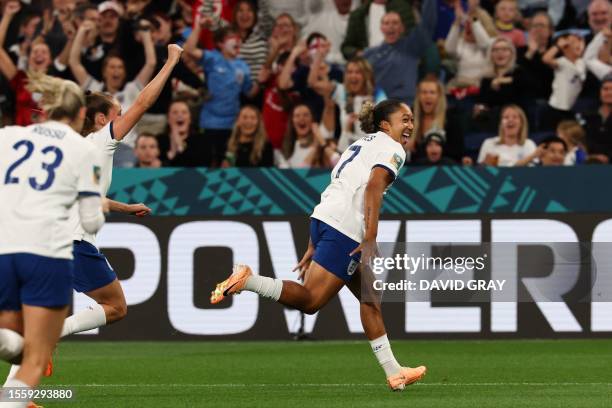 England's forward Lauren James celebrates scoring her team's first goal during the Australia and New Zealand 2023 Women's World Cup Group D football...