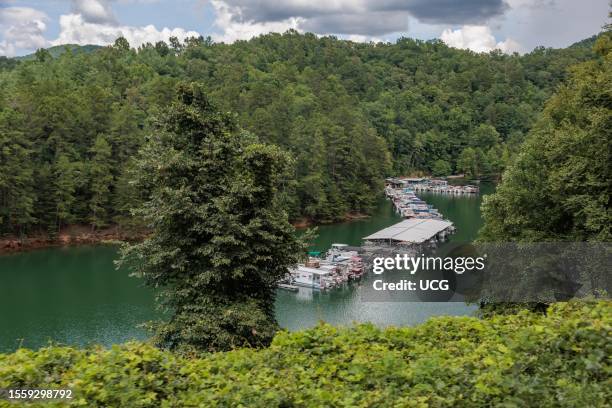 View of a marina on Fontana Lake as seen from the open air car of the Great Smoky Mountains Railroad on its excursion from Bryson City, North...