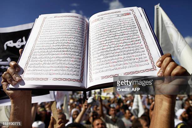An Egyptian Salafist holds a copy of the Koran, Islam's holy book, during a demonstration at Tahrir Square in Cairo to demand that sharia, or Islamic...