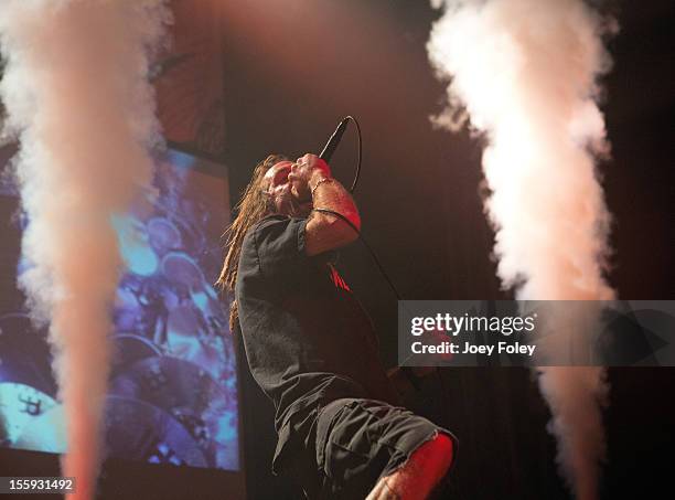 Vocalist Randy Blythe of Lamb of God performs at The Emerson Theater on November 6, 2012 in Indianapolis, Indiana.