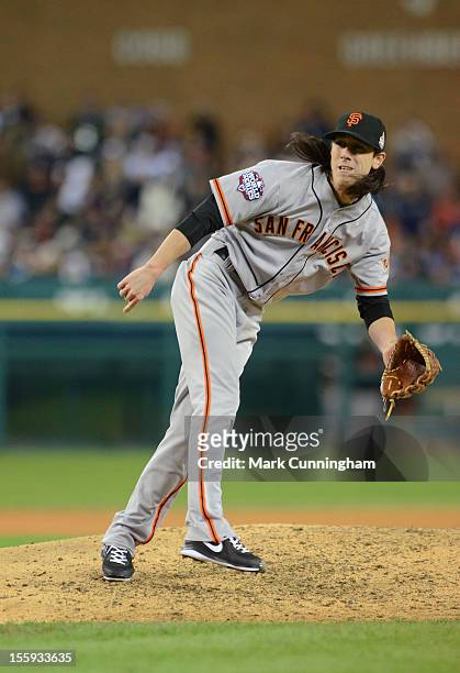 Tim Lincecum of the San Francisco Giants pitches during Game Three of the World Series against the Detroit Tigers at Comerica Park on October 27,...