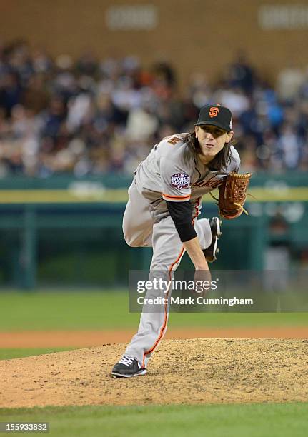 Tim Lincecum of the San Francisco Giants pitches during Game Three of the World Series against the Detroit Tigers at Comerica Park on October 27,...