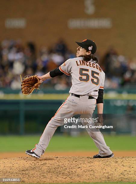 Tim Lincecum of the San Francisco Giants pitches during Game Three of the World Series against the Detroit Tigers at Comerica Park on October 27,...
