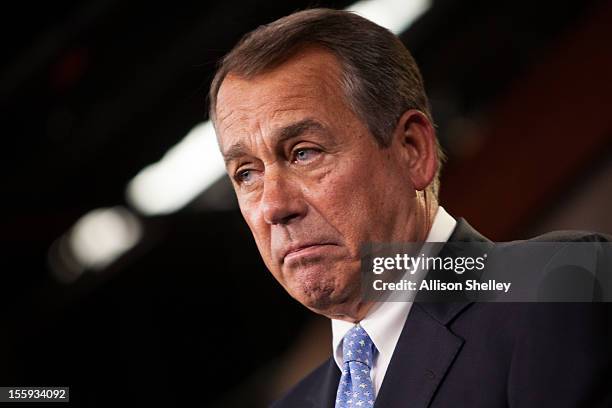 Speaker of the House Rep. John Boehner addresses the media during a press conference in the U.S. Capitol building November 9, 2012 in Washington, DC....