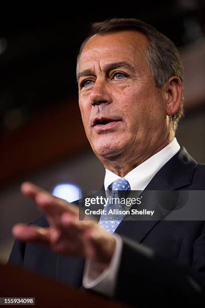 Speaker of the House Rep. John Boehner addresses the media during a press conference in the U.S. Capitol building November 9, 2012 in Washington, DC....