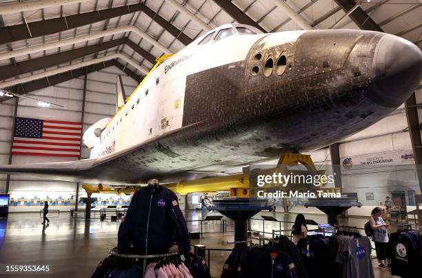 The Space Shuttle Endeavour is displayed at the California Science Center on July 20, 2023 in Los Angeles, California. The ‘Go for Stack’ process...