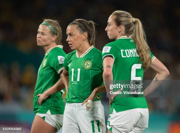 July 20: Katie McCabe of Republic of Ireland with team mates Ruesha Littlejohn and Megan Connolly during the FIFA Women's World Cup Australia & New...