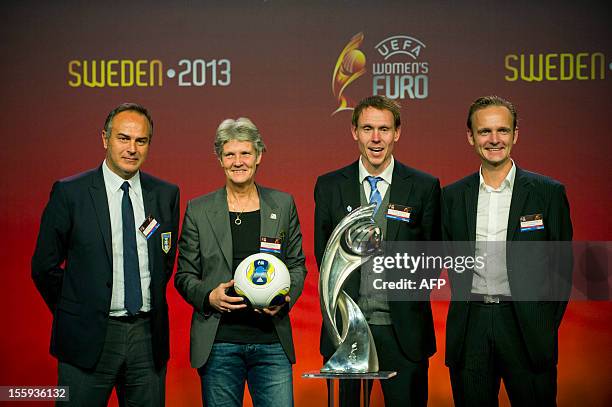 The coaches of Euro women´s soccer group A Antonio Cabrini, Italy, Pia Sundhage Sweden, Andree Jeglertz, Finland and Kennth Heiner-Moller, Denmark...