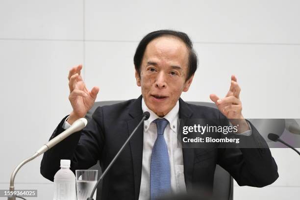 Kazuo Ueda, governor of the Bank of Japan , during a news conference at the central bank's headquarters in Tokyo, Japan, on Friday, July 28, 2023....