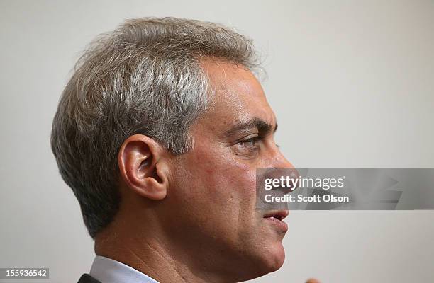 Chicago Mayor Rahm Emanuel holds a press conference at Kennedy-King College after visiting a job fair hosted by the city of Chicago on November 9,...