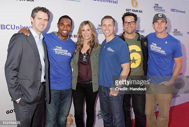 In this handout photo provided by NBCUniversal, Chris Marvin, Jason George, Tracy Huston, Eric Greitens, Johnny Littlefield and Austin Stowell attend...