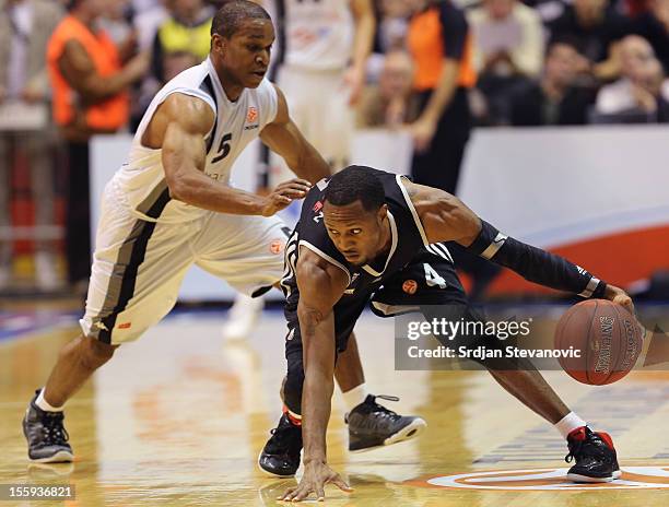 Torey Thomas of Partizan mt:s Belgrade in action against John GoldsBerry of Brose Baskets Bamberg during the 2012-2013 Turkish Airlines Euroleague...