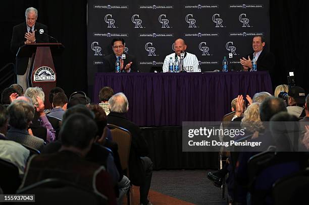 Jay Alves Vice President - Communications/Public Relations of the Colorado Rockies conducts the proceedings as Bill Geivett Senior Vice President of...