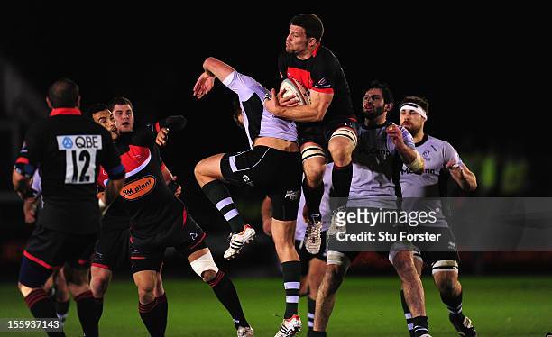 Falcons player Mark Wilson wins a high ball during the RFU Championship match between Newcastle Falcons and Nottingham Rugby at Kingston Park on...