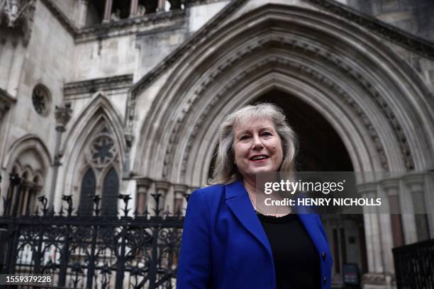 British Conservative Party member and candidate for London mayor Susan Hall reacts outside the Royal Courts of Justice, Britain's High Court, in...