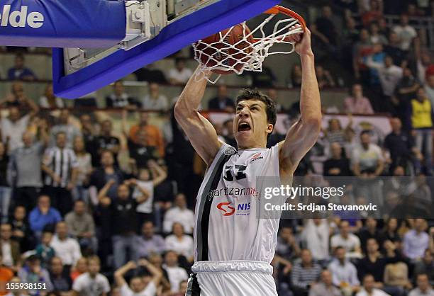 Vladimir Lucic of BC Partizan slam dunks during the 2012-2013 Turkish Airlines Euroleague Regular Season Game Day 5 Group D game between Partizan...