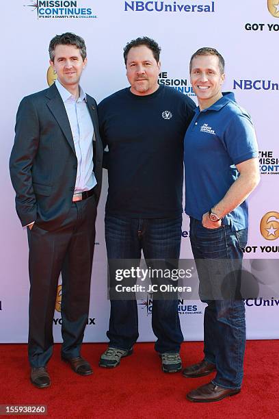 Chris Marvin, Jon Favreau and Eric Greitens attend Got Your 6 and The Mission Continues Service Project Event at The Globe Theater inside Universal...