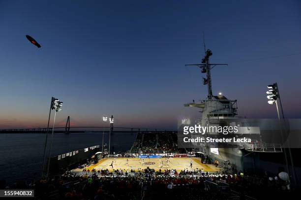 General view of the Notre Dame Fighting Irish playing against the Ohio State Buckeyes during the Walmart Carrier Classic on the deck of the USS...