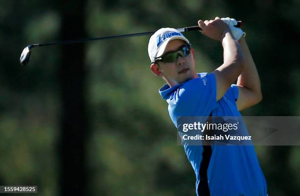 Seung-yul Noh of South Korea plays his shot from the ninth tee during the first round of the Barracuda Championship at Tahoe Mountain Club on July...