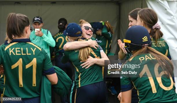 Dublin , Ireland - 28 July 2023; Mary Waldron of Ireland, right, is congratulated by teammate Georgina Dempsey after announcing her retirement before...