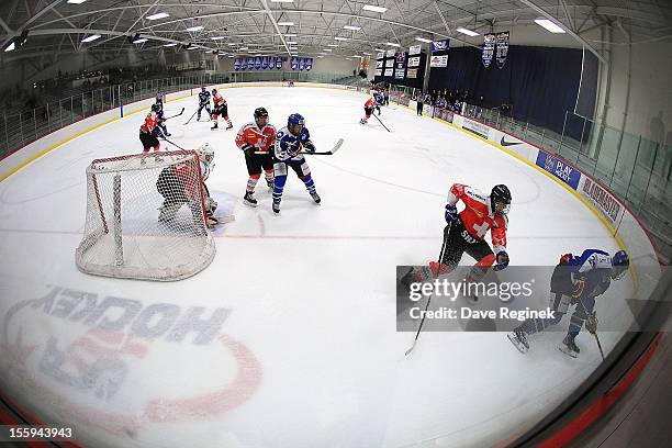 Wide view of the Ice Cube arena during the U-18 Four Nations Cup tournament game between Finland and Switzerland on November 9, 2012 in Ann Arbor,...