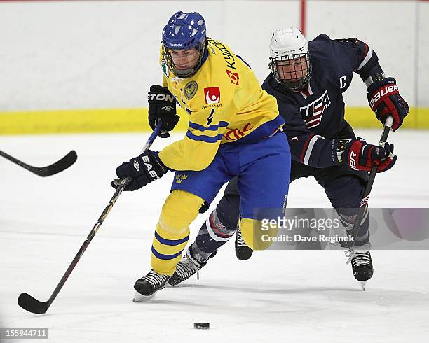 John Hayden of the USA battles for the puck against Robert Hagg of Sweden during the U-18 Four Nations Cup on November 9, 2012 at the Ann Arbor Ice...