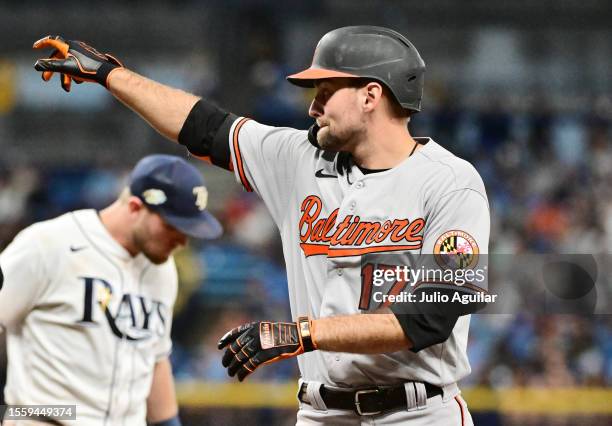 Colton Cowser of the Baltimore Orioles reacts after hitting a single in the seventh inning against the Tampa Bay Rays at Tropicana Field on July 20,...