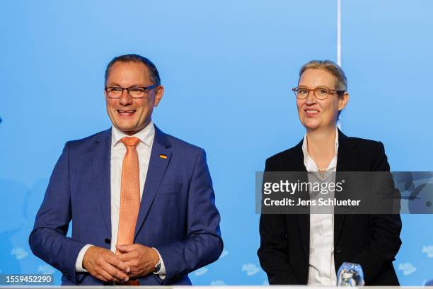 Leading members of the right-wing Alternative for Germany political party Alice Weidel and Tino Chrupalla attend the 2023 federal congress of the...