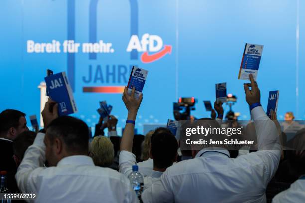 Delegates attend the 2023 federal congress of the right-wing Alternative for Germany political party on July 28, 2023 in Magdeburg, Germany. The AfD,...