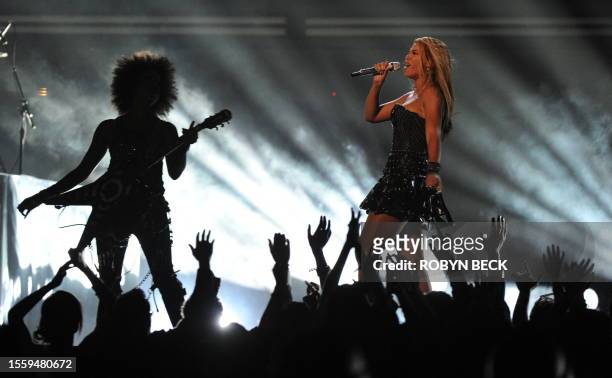 Beyonce performs on stage at the 52nd Grammy Awards in Los Angeles on January 31, 2010. AFP PHOTO/Robyn BECK