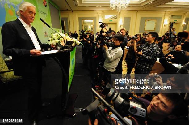 Led Zeppelin guitarist Jimmy Page speaks at a press conference in Beijing on January 13, 2010 for the Show of Peace Concert, a globally televised...