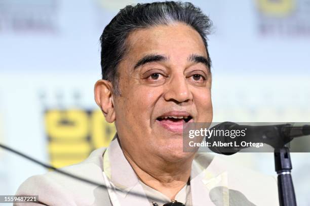 Kamal Haasan speaks onstage at "Project K: Inside India's History-Making Sci-Fi Epic" panel during 2023 Comic-Con International: San Diego at San...