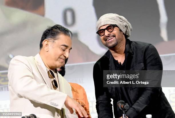 Kamal Haasan and Prabhas speak onstage at "Project K: Inside India's History-Making Sci-Fi Epic" panel during 2023 Comic-Con International: San Diego...