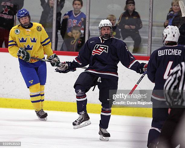 Anthony Louis of the USA celebrates his third period goal against Sweden during the U-18 Four Nations Cup on November 9, 2012 at the Ann Arbor Ice...