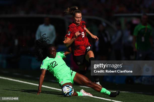 Jordyn Huitema of Canada is tackled by Michelle Alozie of Nigeria during the FIFA Women's World Cup Australia & New Zealand 2023 Group B match...